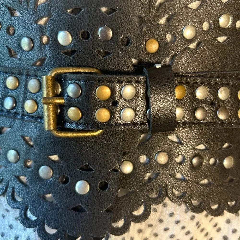 Venus SZM W Black Laser Cut Studded Belt Bohemian Festival Artsy Western Goth
